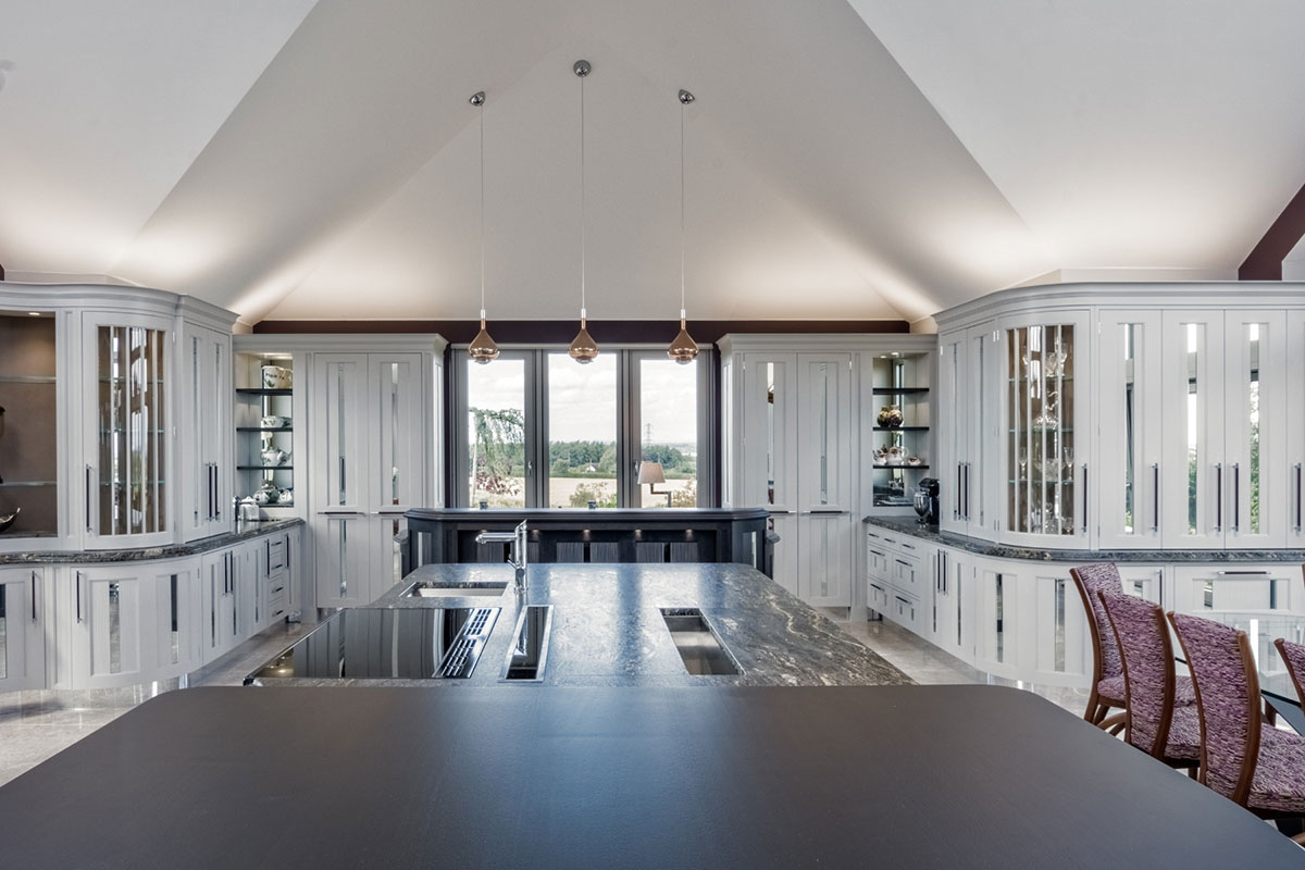 Kitchen facing out towards the windows.