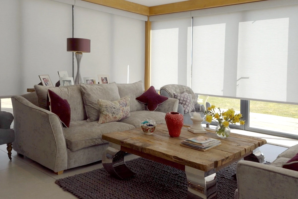 Close-up of a living room in a Leeds property with Lutron blinds slightly open