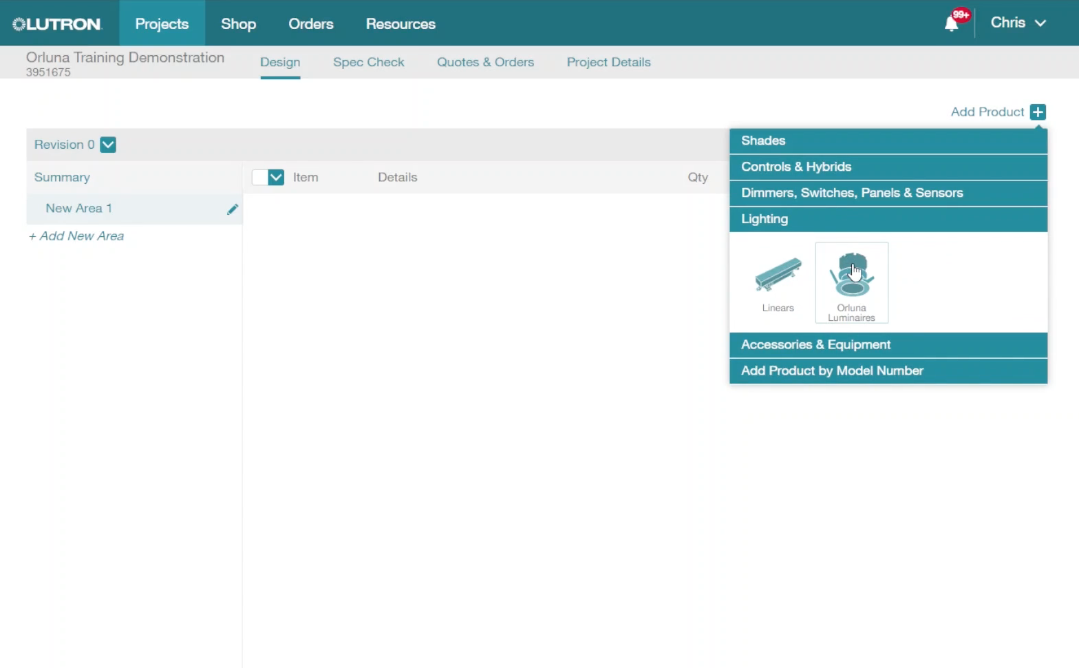 A screenshot of the My Lutron portal dashboard showing the ‘Lighting’ tab open with a list of Orluna architectural fixtures available for UK installers.